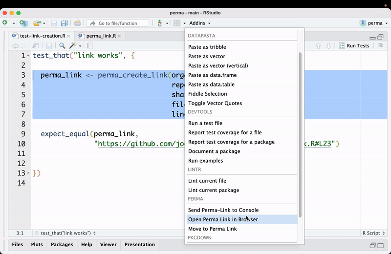 The RStudio Addins menu open over an editor where lines 3 to 7 are selected. Under the PERMA heading are three items: Send Perma-Link to Console, Open Perma Link in Browser (highlighted), and Move to Perma Link.