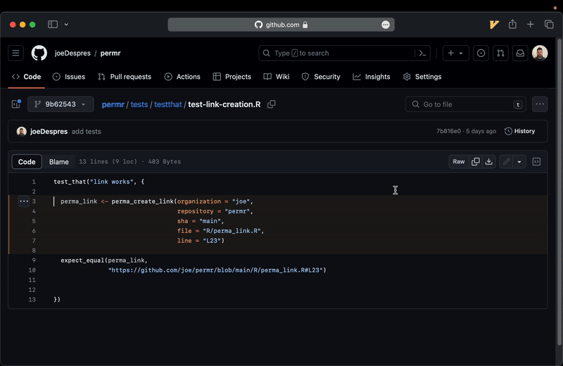 GitHub showing test-link-creation.R at commit 9b62543. Lines 3 through 7 are highlighted in yellow, matching the selection made in RStudio.