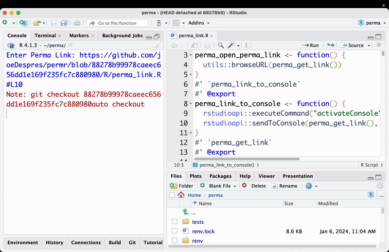 RStudio after following the link. The console notes that git checked out commit 88278b9. The window title reads “perma - (HEAD detached at 88278b9)”. The editor has perma_link.R open with the cursor on line 10.