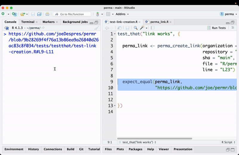 RStudio with lines 9 and 10 of a test file selected. The console on the left shows the generated permalink, ending in tests/testthat/test-link-creation.R#L9-L11.