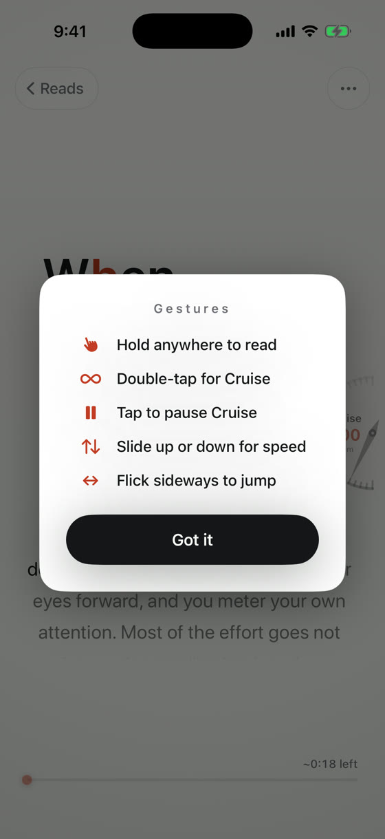 The Skim gesture sheet: hold anywhere to read, double-tap for Cruise, tap to pause Cruise, slide up or down for speed, flick sideways to jump. A 'Got it' button sits below.