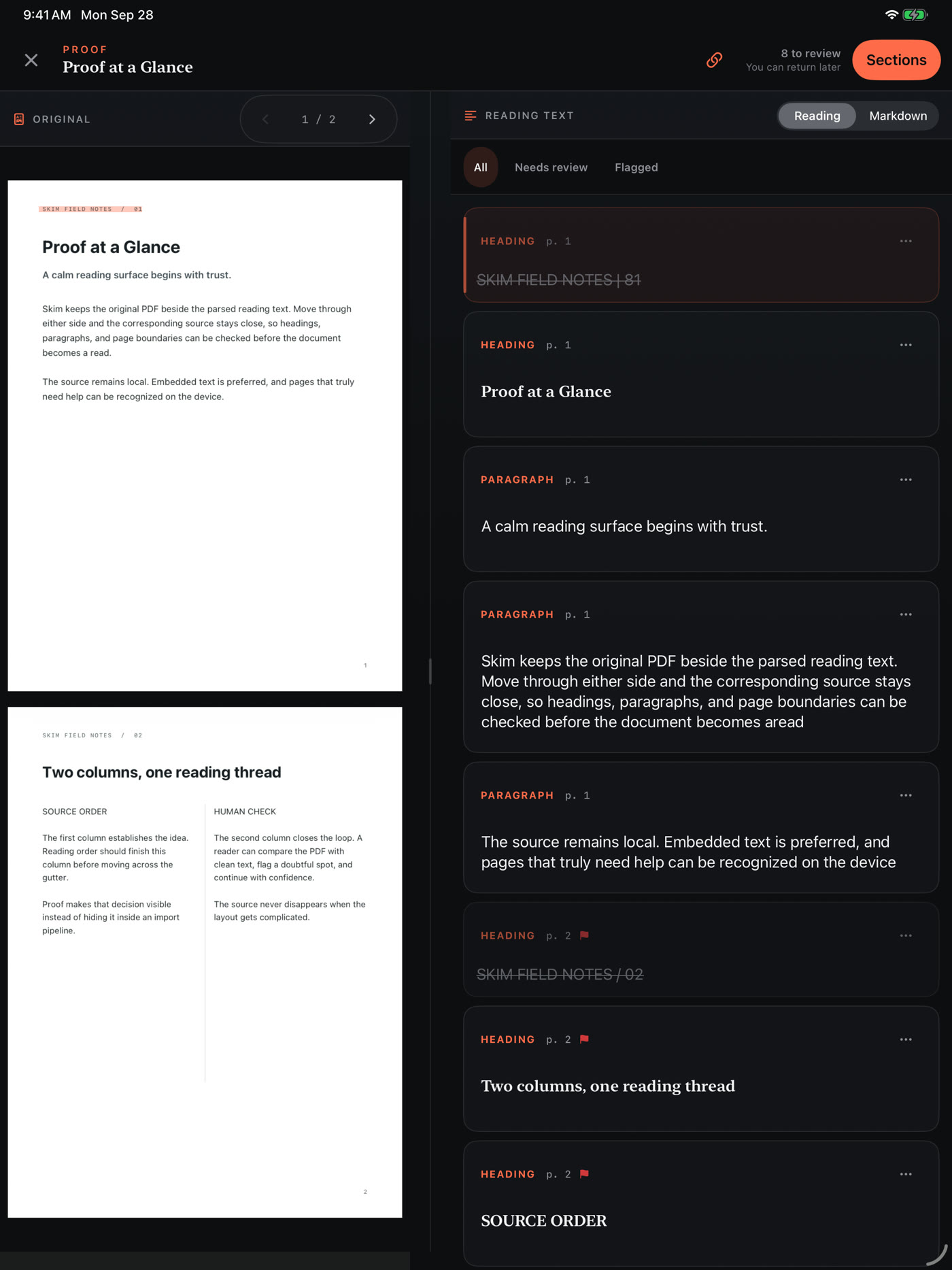 An iPad screen with the original PDF on the left, showing a single-column page and a two-column page, and the extracted reading text on the right as labeled blocks: headings, paragraphs, and struck-through running headers that were removed. A ‘Sections’ button and a ‘8 to review’ counter sit at the top.