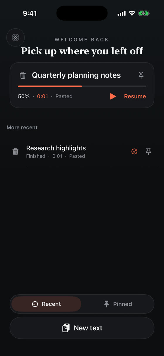 The Skim welcome-back screen: 'Pick up where you left off' above a card for 'Quarterly planning notes' at 50% with a Resume button, a 'More recent' list below, Recent and Pinned tabs, and a New text button.