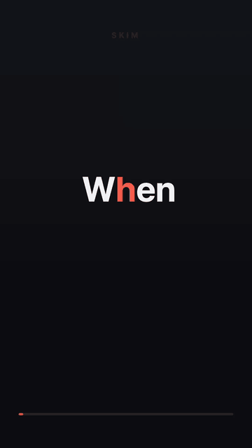 An animated phone-shaped frame on a dark background showing one word at a time: 'When you read on a phone, you are doing two jobs at once.' One letter in each word is red and sits at the same horizontal position every time. A thin red progress line fills along the bottom.