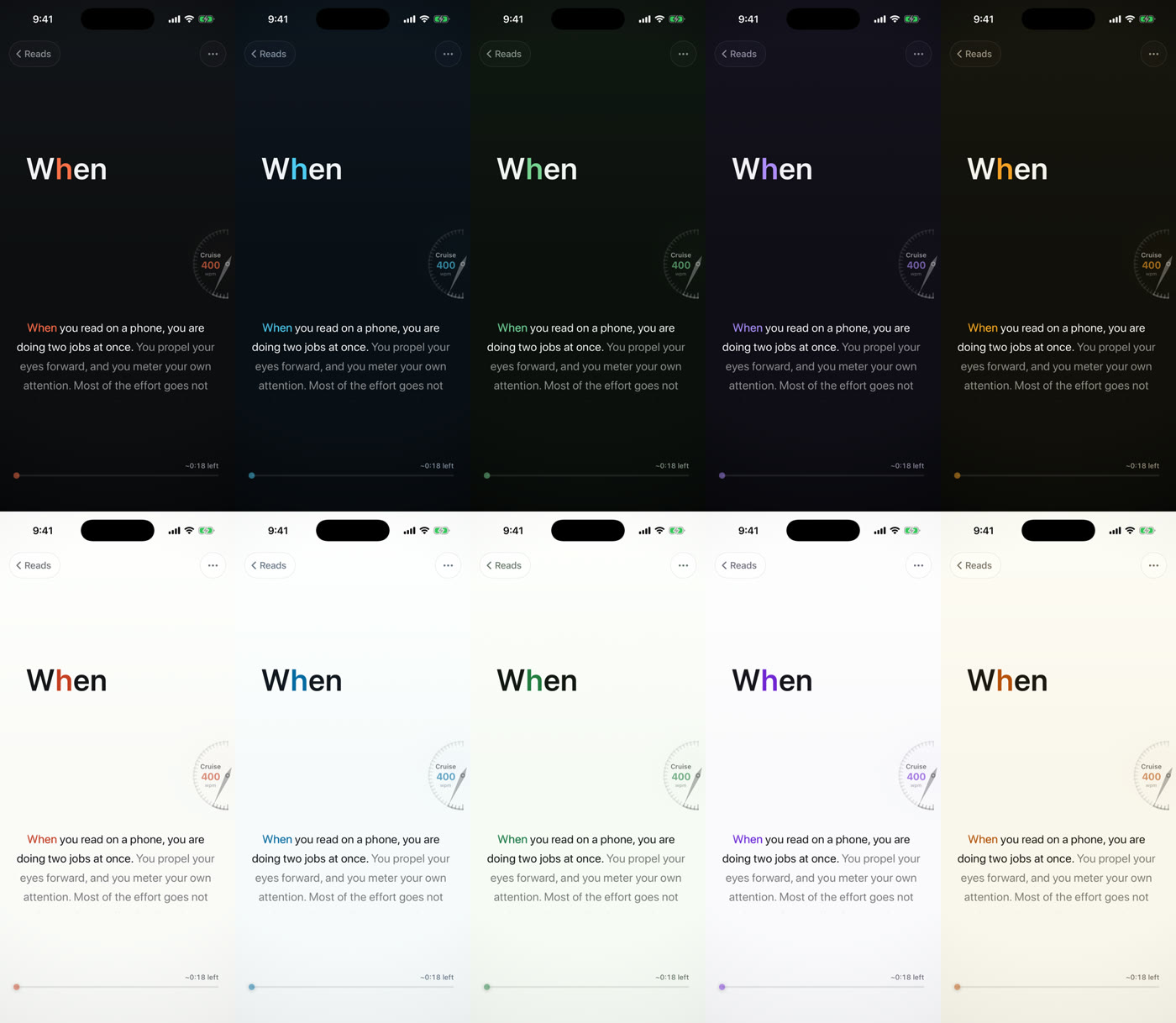 A grid of ten iPhone screenshots: five themes (Vermillion, Tide, Moss, Iris, Amber) across the top in dark mode and the same five below in light mode. Each shows the paused reader with the word ‘When’, a speed dial, and the Threadline prose, with the accent color changing from theme to theme.