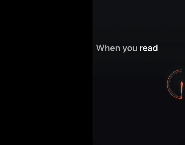 Two iPhone reading screens recorded side by side on a dark theme, starting together. On the left, word mode shows one word at a time. On the right, phrase mode shows groups such as ‘on a phone,’, ‘at once.’, and ‘of the effort’, with short function words dimmed.